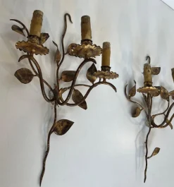 Discount Pamono Gilded Metal Wall Lights with 3 Light Arms and Leaf Decorations, Set of 2