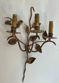 Discount Pamono Gilded Metal Wall Lights with 3 Light Arms and Leaf Decorations, Set of 2