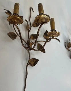 Discount Pamono Gilded Metal Wall Lights with 3 Light Arms and Leaf Decorations, Set of 2