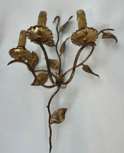 Discount Pamono Gilded Metal Wall Lights with 3 Light Arms and Leaf Decorations, Set of 2