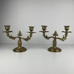 Pamono Gilt Brass Candlesticks with Two Arms, 1920s, Set of 2> Candleholders