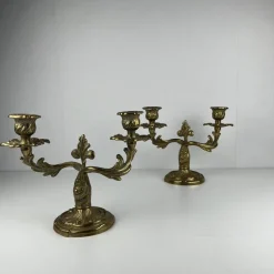 Pamono Gilt Brass Candlesticks with Two Arms, 1920s, Set of 2> Candleholders