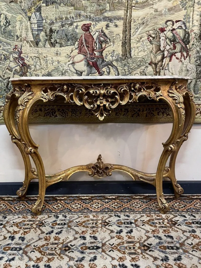 Pamono Gilt Wood Console Table with Shaped Marble Top> Console Tables