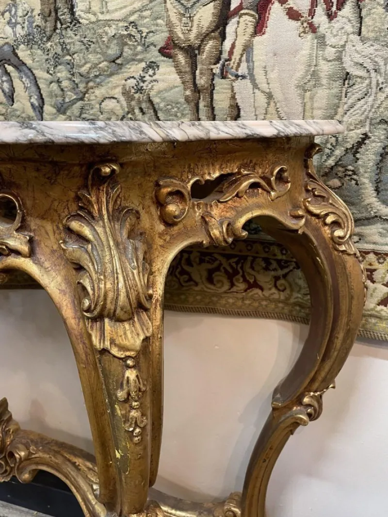 Pamono Gilt Wood Console Table with Shaped Marble Top> Console Tables