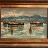 Sale Pamono Giolitti, Seascape with Moored Boats, 20th Century, Oil Painting on Canvas, Framed