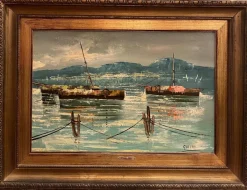 Sale Pamono Giolitti, Seascape with Moored Boats, 20th Century, Oil Painting on Canvas, Framed