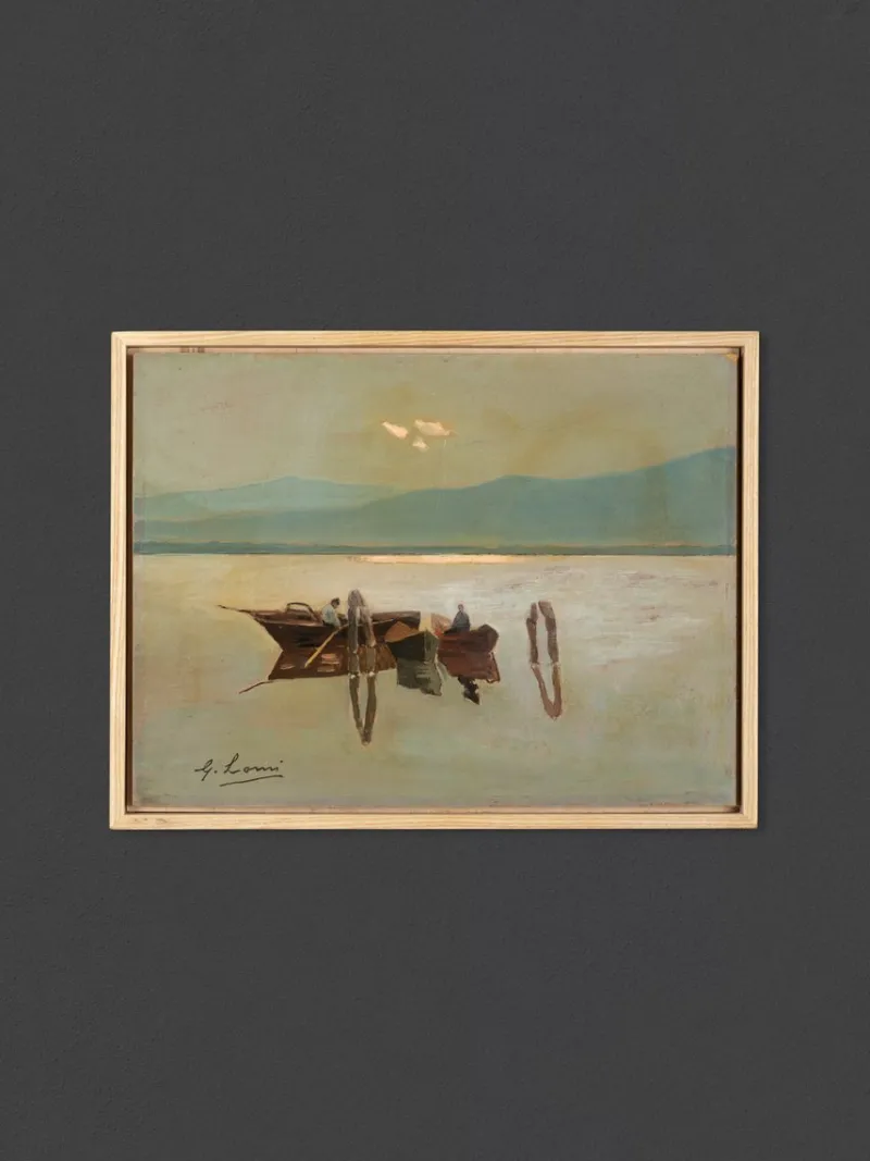 Pamono Giovanni Lomi, Fishing Boats, Oil on Wooden Panel, Framed> Impressionist