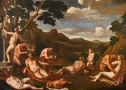 Pamono Giulio Carpioni, Bacchanal Bacchus Mythological Carpioni Scene, 1660, Oil on Canvas, Framed> Old Masters