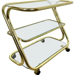 Pamono Glass & Golden Metal Serving Cart Trolley by Morex, Italy, 1980s> Serving Bar Carts & Trolleys