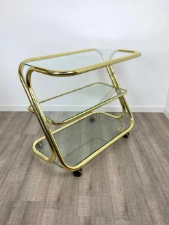 Pamono Glass & Golden Metal Serving Cart Trolley by Morex, Italy, 1980s> Serving Bar Carts & Trolleys
