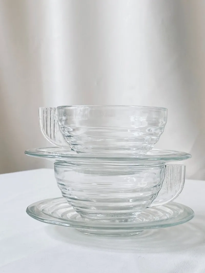 New Pamono Glass Cups and Saucers, France, Set of 8