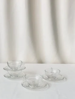New Pamono Glass Cups and Saucers, France, Set of 8