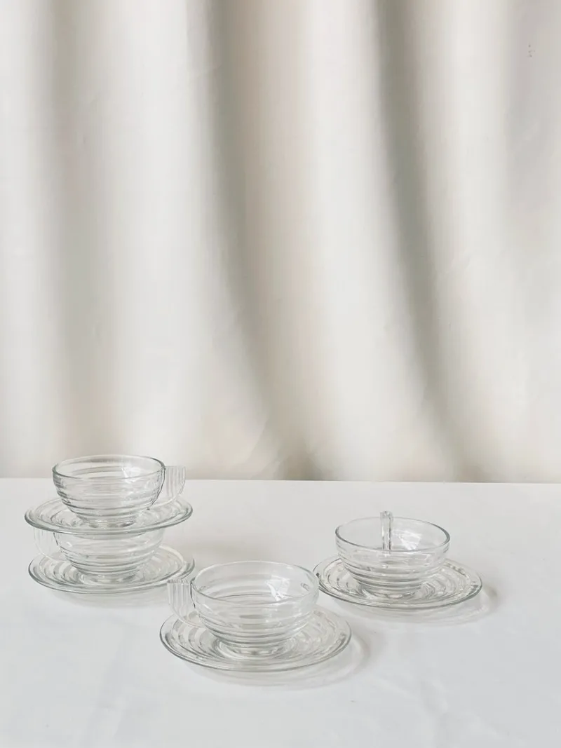 New Pamono Glass Cups and Saucers, France, Set of 8
