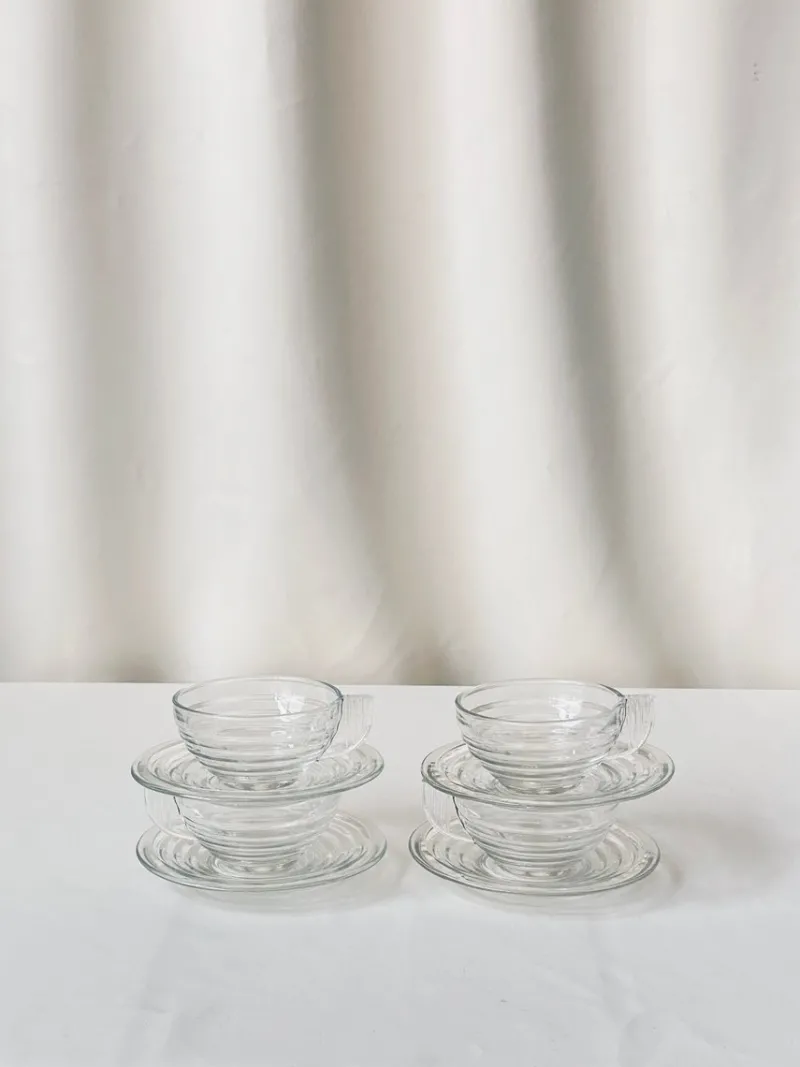 New Pamono Glass Cups and Saucers, France, Set of 8