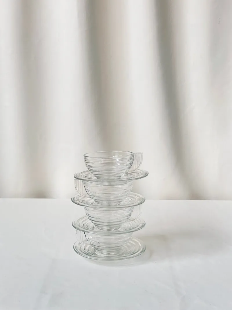 New Pamono Glass Cups and Saucers, France, Set of 8