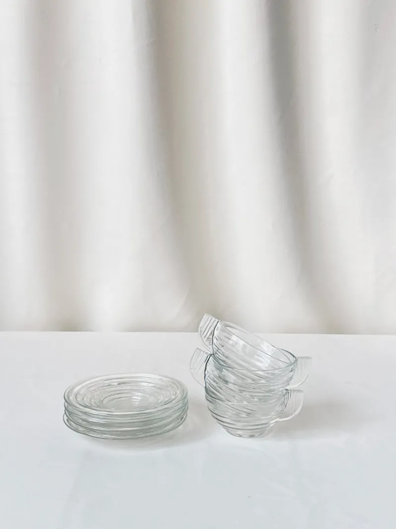 New Pamono Glass Cups and Saucers, France, Set of 8