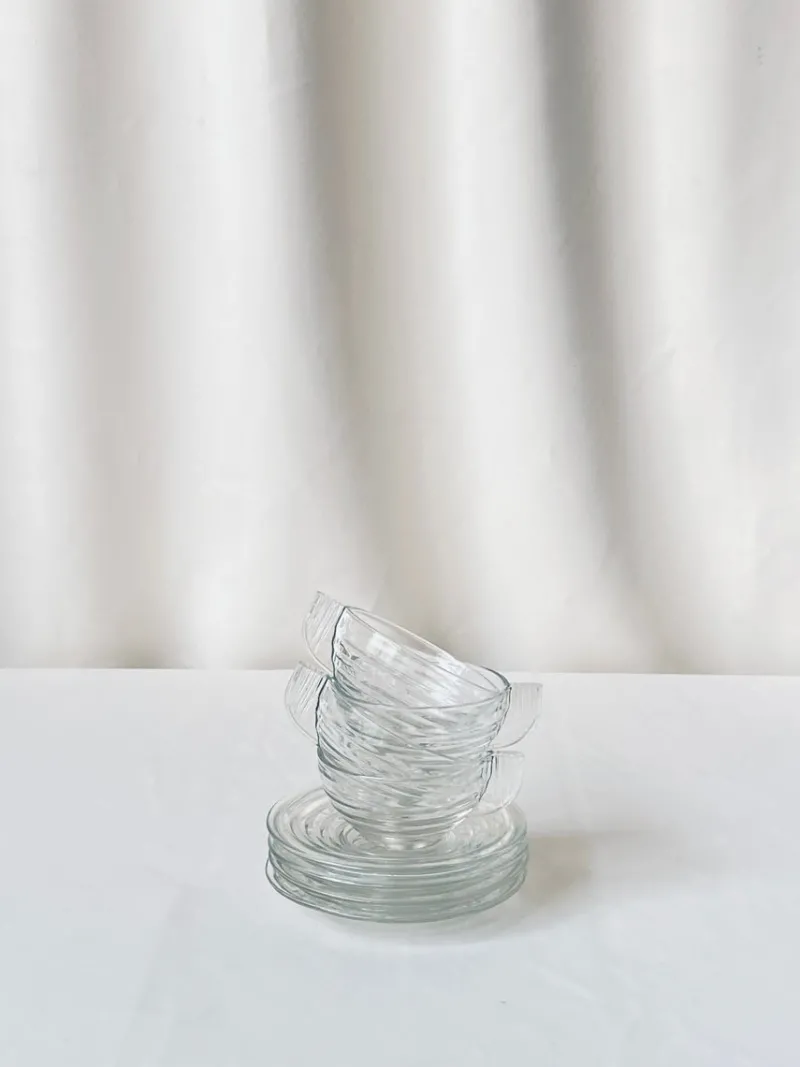 New Pamono Glass Cups and Saucers, France, Set of 8