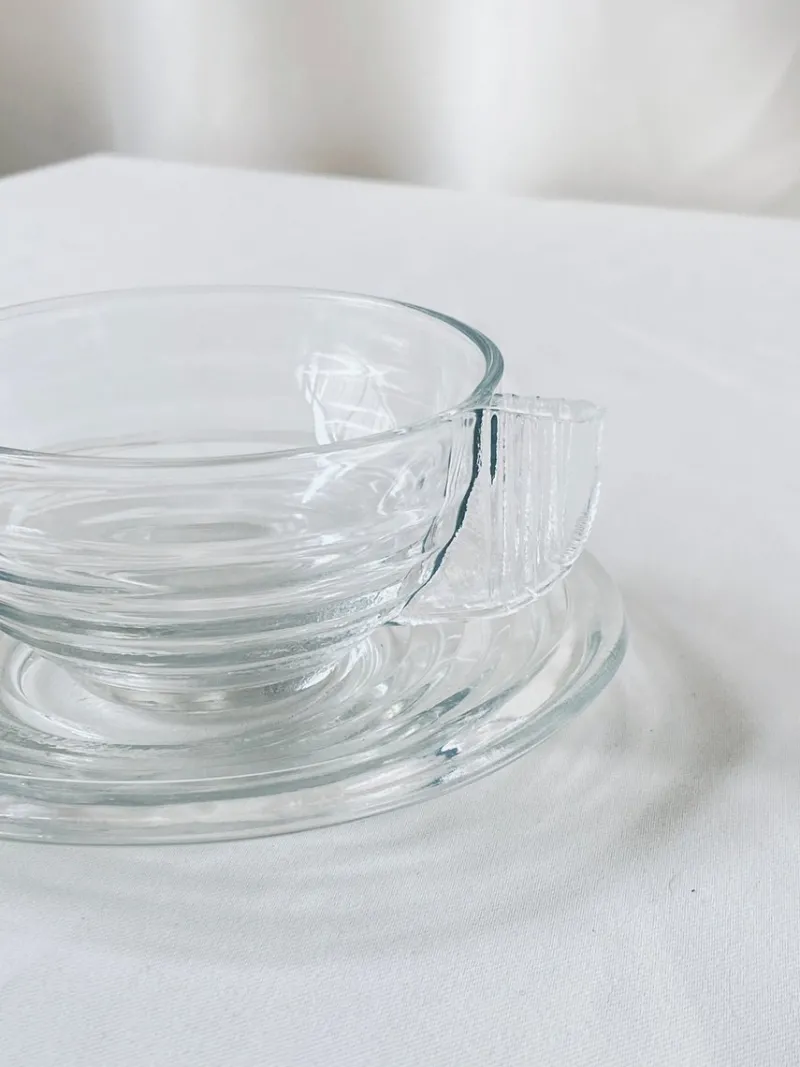 New Pamono Glass Cups and Saucers, France, Set of 8