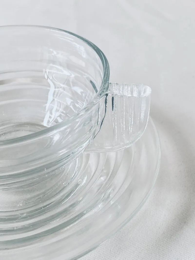 New Pamono Glass Cups and Saucers, France, Set of 8