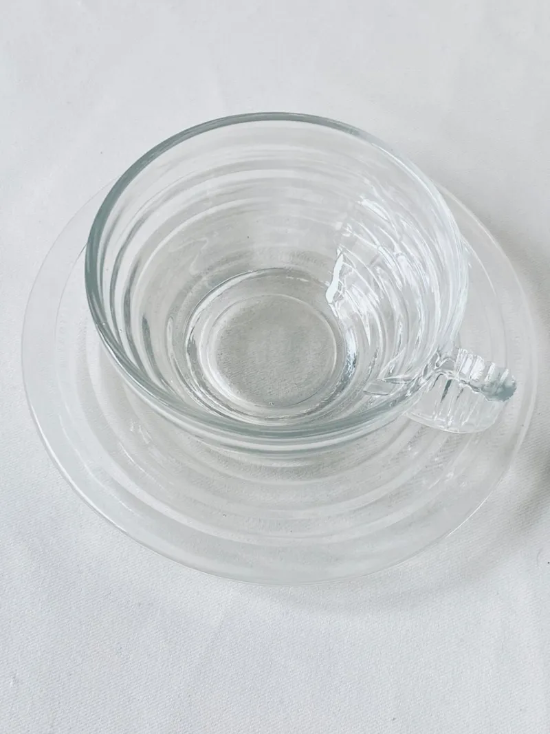 New Pamono Glass Cups and Saucers, France, Set of 8