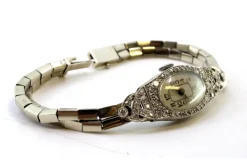 Pamono Gold and Platinum Watch with Cut-Out Case, Brilliant-Cut Diamonds and Double Parallel Bracelet><noscript><img width=