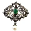 Hot Pamono Gold and Silver Brooch with Diamond Chips, Faux Pearl and Central Synthetic Cabochon