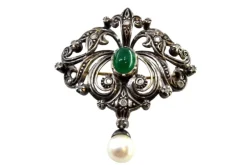 Hot Pamono Gold and Silver Brooch with Diamond Chips, Faux Pearl and Central Synthetic Cabochon