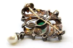 Hot Pamono Gold and Silver Brooch with Diamond Chips, Faux Pearl and Central Synthetic Cabochon