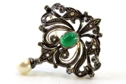 Hot Pamono Gold and Silver Brooch with Diamond Chips, Faux Pearl and Central Synthetic Cabochon