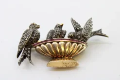 Pamono Gold and Silver Brooch with Birds at the Water Trough, Diamond Chips and Calibrated Rubies><noscript><img width=