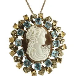 Pamono Gold and Silver Cameo Pendant or Brooch with Blue and Yellow Topazes and Diamonds> Brooches