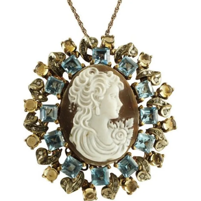 Pamono Gold and Silver Cameo Pendant or Brooch with Blue and Yellow Topazes and Diamonds> Brooches