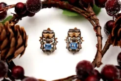 Pamono Gold and Silver Earrings with Cut Diamonds and Synthetic Blue Stones, Set of 2> Earrings
