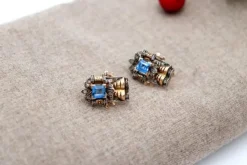 Pamono Gold and Silver Earrings with Cut Diamonds and Synthetic Blue Stones, Set of 2><noscript><img width=
