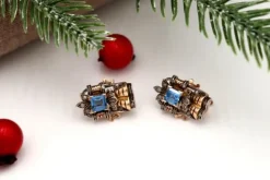Pamono Gold and Silver Earrings with Cut Diamonds and Synthetic Blue Stones, Set of 2><noscript><img width=