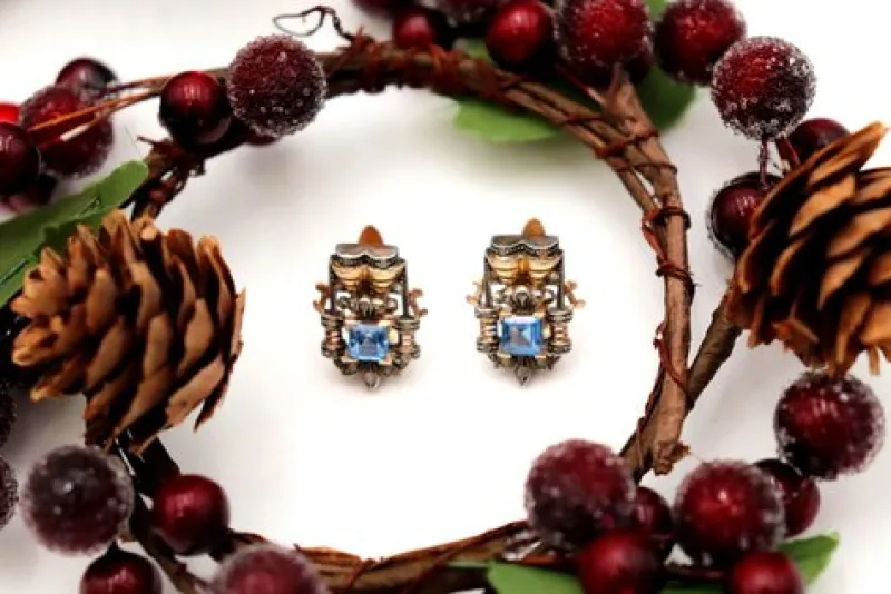 Pamono Gold and Silver Earrings with Cut Diamonds and Synthetic Blue Stones, Set of 2> Earrings