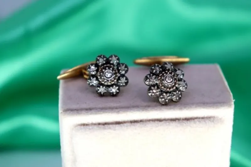 Pamono Gold and Silver Flower Shaped Cufflinks with Diamond Chips, Set of 2> Cufflinks