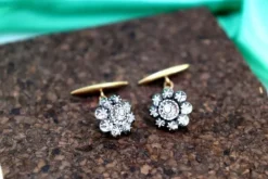 Pamono Gold and Silver Flower Shaped Cufflinks with Diamond Chips, Set of 2><noscript><img width=