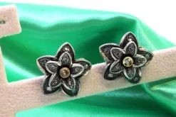 Pamono Gold and Silver Flower-Shaped Earrings with Zirconia and Diamond Chips, Set of 2