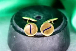 Online Pamono Gold Cufflinks in Button Shape with Incorporated Blue Motifs, Set of 2