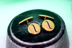 Online Pamono Gold Cufflinks in Button Shape with Incorporated Blue Motifs, Set of 2