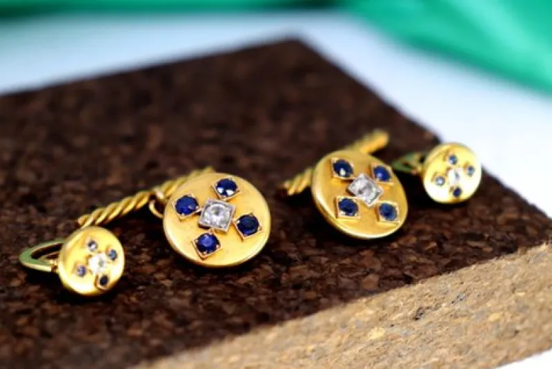 Discount Pamono Gold Cufflinks in Button Shape with Four Synthetic Sapphires, Set of 2
