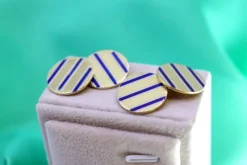 Pamono Gold Cufflinks in Button Shape with Three Blue Enameled Stripes, Set of 2> Cufflinks