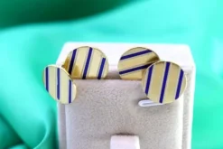 Pamono Gold Cufflinks in Button Shape with Three Blue Enameled Stripes, Set of 2><noscript><img width=