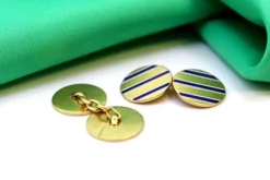 Pamono Gold Cufflinks in Button Shape with Three Blue Enameled Stripes, Set of 2><noscript><img width=