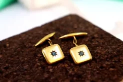 Pamono Gold Cufflinks in Square and Concave Shapes with Blue Zirconia, Set of 2><noscript><img width=
