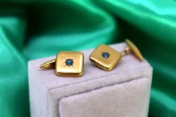 Pamono Gold Cufflinks in Square and Concave Shapes with Blue Zirconia, Set of 2><noscript><img width=