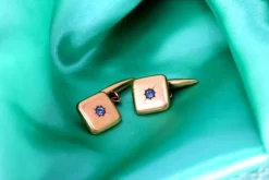 Pamono Gold Cufflinks in Square and Concave Shapes with Blue Zirconia, Set of 2><noscript><img width=