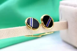 Clearance Pamono Gold Cufflinks with Blue Stripe Reliefs on Oval Onyx, Set of 2