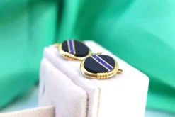 Clearance Pamono Gold Cufflinks with Blue Stripe Reliefs on Oval Onyx, Set of 2